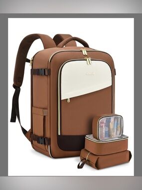 Brown and Cream Travel Backpack with Accessory Pouches